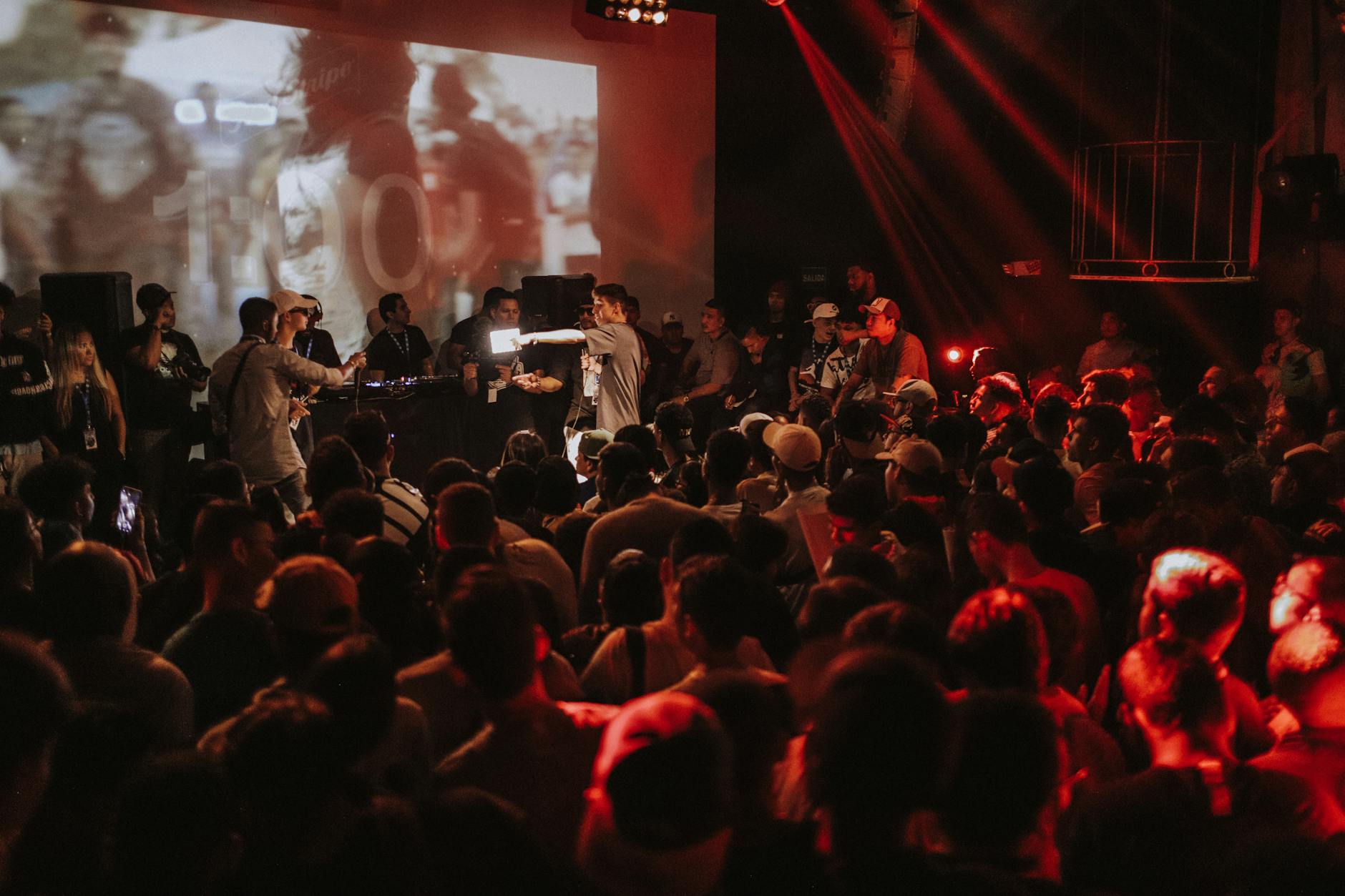 crowd and musical band performing