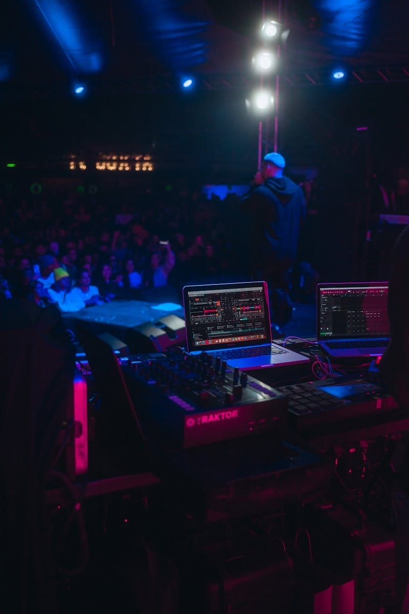 Vibrant nightlife scene featuring a DJ at a live music concert with engaged audience.